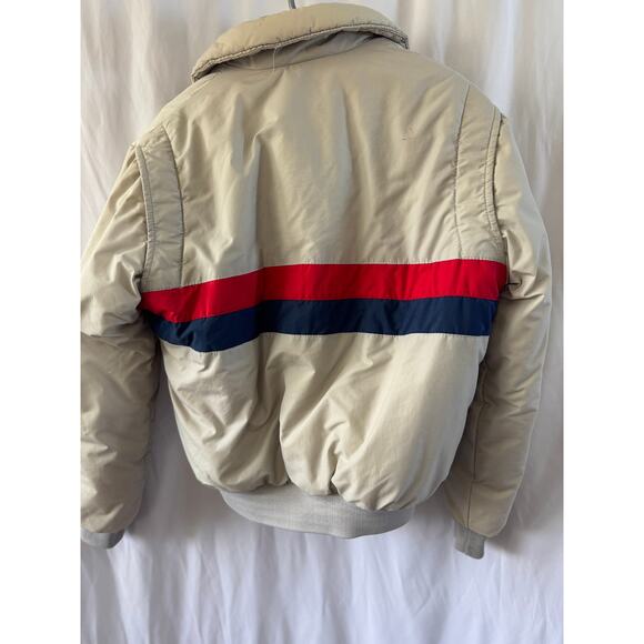 Quail Run Vintage Puffer Coat – Beige with Red and Navy Stripe – Size Medium - Picture 9 of 16
